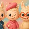 Three cute collectible dolls inspired by Labubu, wearing colorful outfits, standing against a pastel background