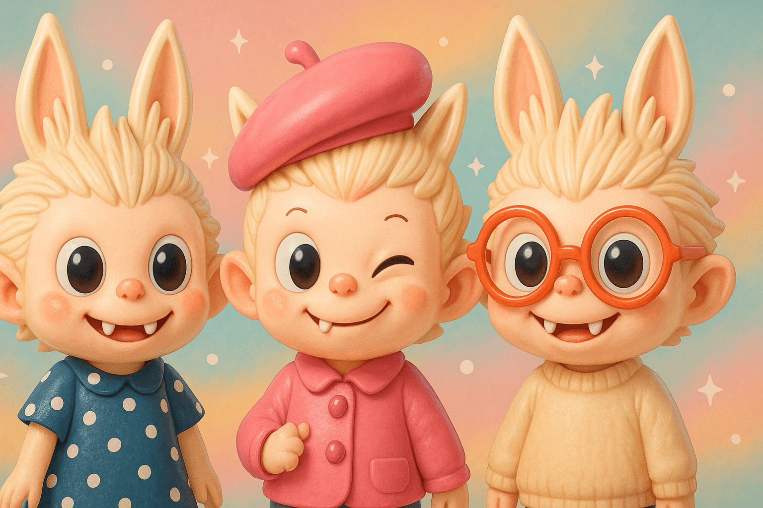 Three cute collectible dolls inspired by Labubu, wearing colorful outfits, standing against a pastel background