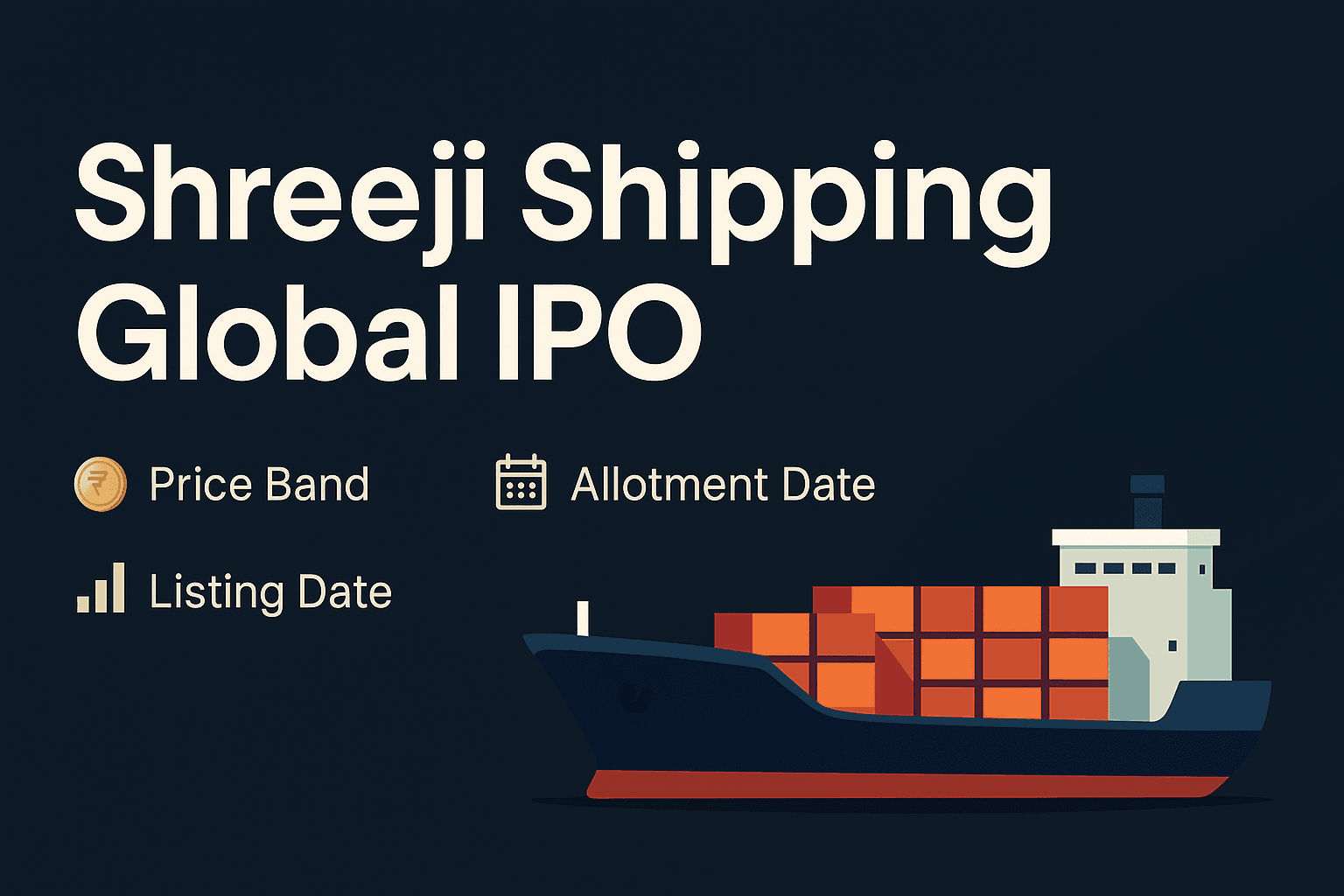 Shreeji Shipping Global IPO 2025 details with price band, GMP, allotment date, and listing date shown over cargo ship graphic