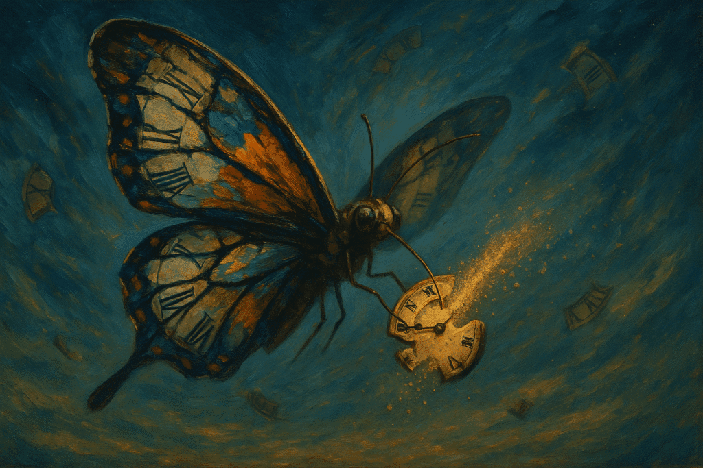 Time-Eating Butterfly with shattered clock wings mid-flight, symbolizing life’s fragility and fleeting moments.