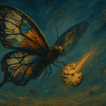 Time-Eating Butterfly with shattered clock wings mid-flight, symbolizing life’s fragility and fleeting moments.